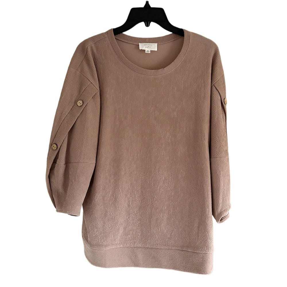 Stitch and Knot ribbed brown size XL button sleeve puff sleeve short sleeve top